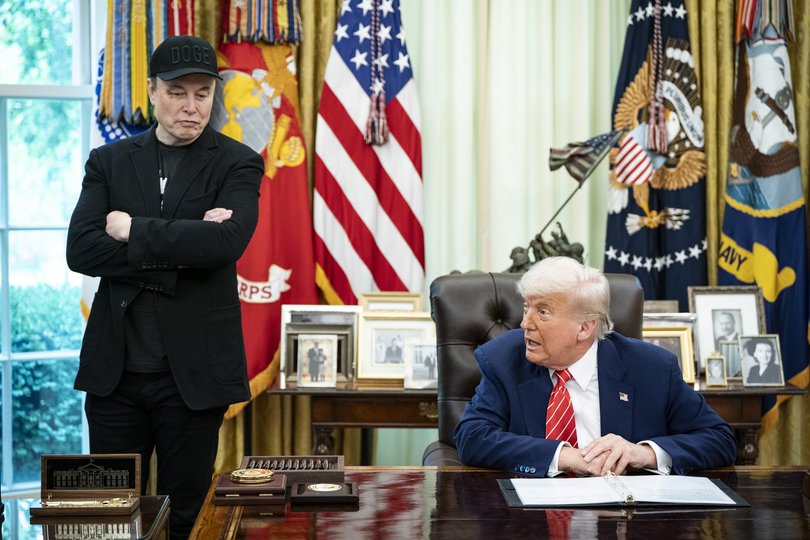 Elon Musk with President Donald Trump during a joint news conference after Musk announced his departure from his role as a special government employee in the Oval Office of the White House in Washington, May 30, 2025. 