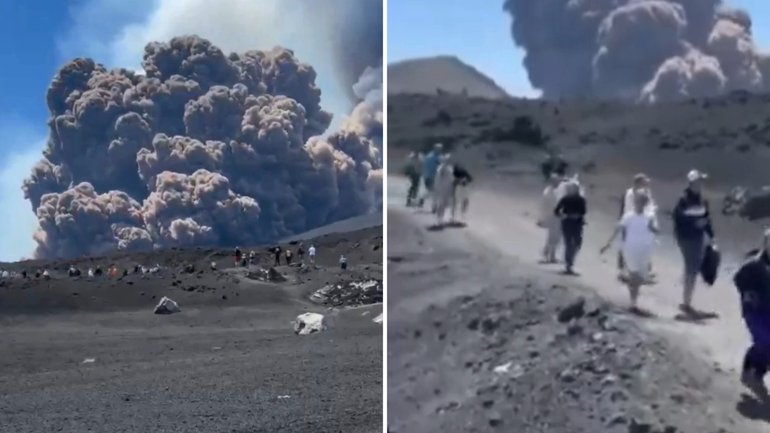 A massive volcanic eruption near a popular European holiday destination has seen dozens of terrified tourists run for safety.