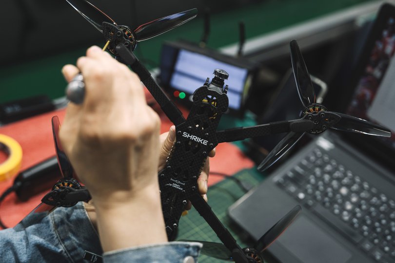 A technician prepares a Shrike drone at the Skyfall military technology company in Ukraine. MUST CREDIT: Andrew Kravchenko/Bloomberg