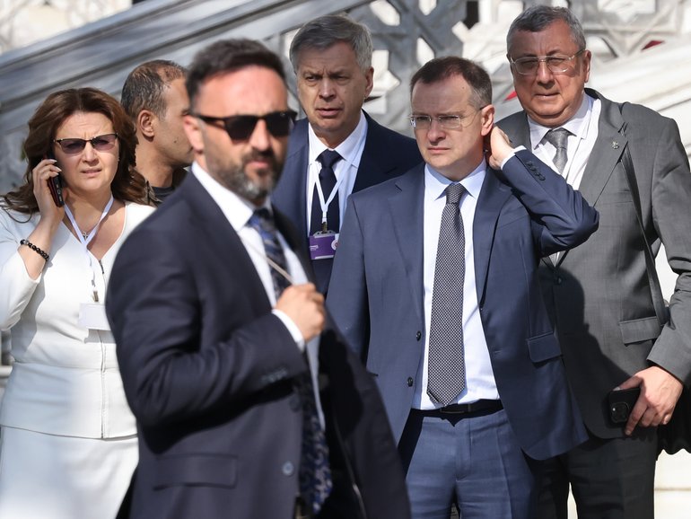 ISTANBUL, TURKEY - JUNE 2: Head of the Russian delegation and Kremlin aide, Vladimir Medinsky (2nd R) leaves after the second round of Ukraine-Russia peace talks at Ciragan Palace on June 2, 2025 at  in Istanbul, Turkey.