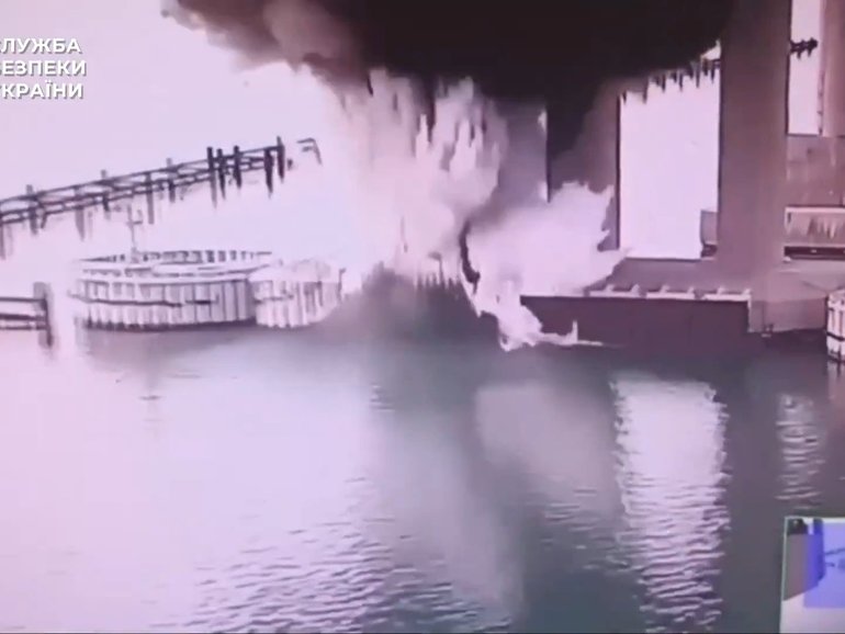 Ukraine has blown up a bridge that connects Russia and the occupied Crimean Peninsula in a coordinated attack, causing a massive underwater explosion.