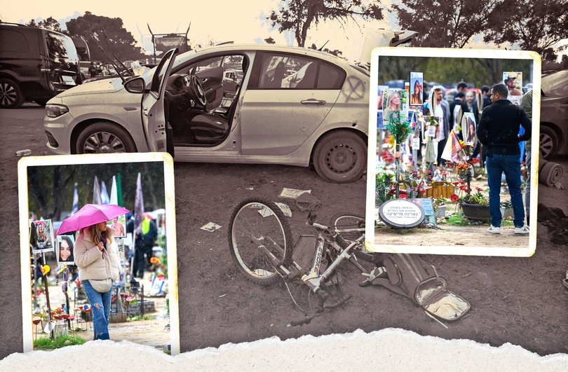 Cars and belongings left at the Nova Festival site where hundreds were killed and dozens taken by Hamas militants and, insets, the memorials still in place a year and a half later.