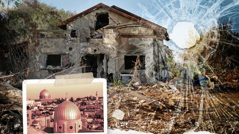 The devastation of Kibbutz Be’eri after October 7 and, inset, the Holy Church of the Sepulchre in Jerusalem.