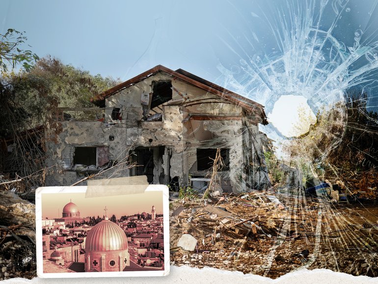 The devastation of Kibbutz Be’eri after October 7 and, inset, the Holy Church of the Sepulchre in Jerusalem.