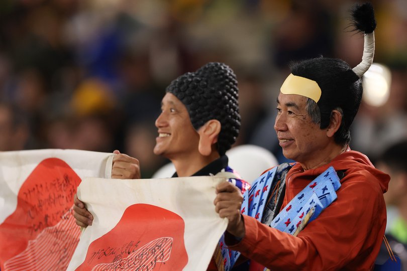 PERTH, AUSTRALIA - JUNE 05: Japanese supporters look on prior to the 2026 FIFA World Cup Round Three AFC Asian Qualifier match between Australia Socceroos and Japan at Optus Stadium on June 05, 2025 in Perth, Australia. (Photo by Robert Cianflone/Getty Images)