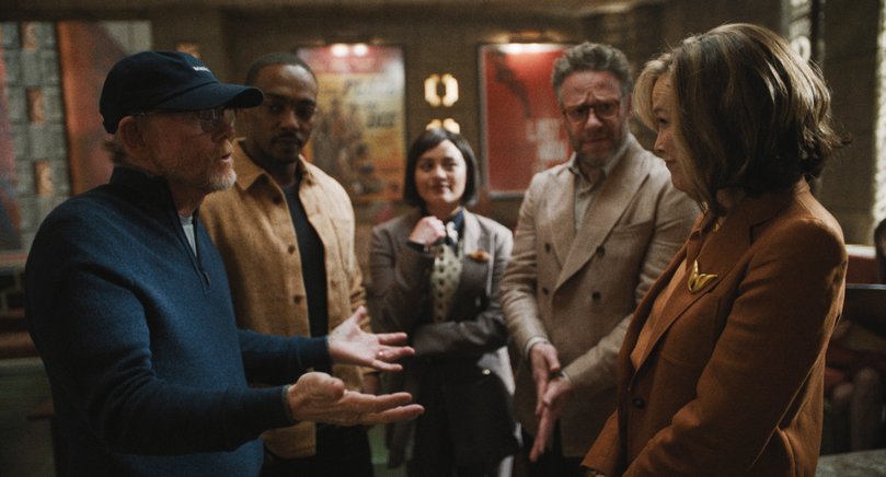Ron Howard, Anthony Mackie, Chase Sui Wonders, Seth Rogen and Catherine O’Hara in "The Studio," now streaming on Apple TV Plus.