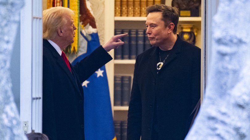 President Donald Trump and Elon Musk (R) speak before departing the White House on his way to his South Florida home in Mar-a-Lago in Florida on March 14, 2025.