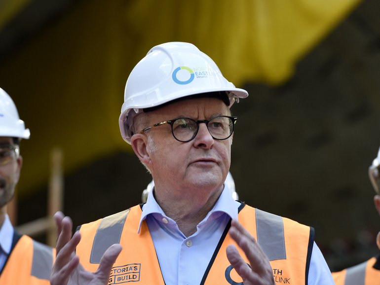 MELBOURNE, AUSTRALIA - NewsWire Photos JUNE 05, 2025: Prime Minister Anthony Albanese speaks at a press conference after touring the North East Project road tunnel under Melbourne. NewsWire / Andrew Henshaw