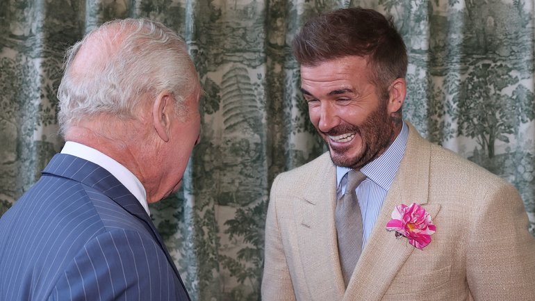 David Beckham will soon go by the moniker “Sir David” when he receives a knighthood. Pictured with KInd Charles III. 