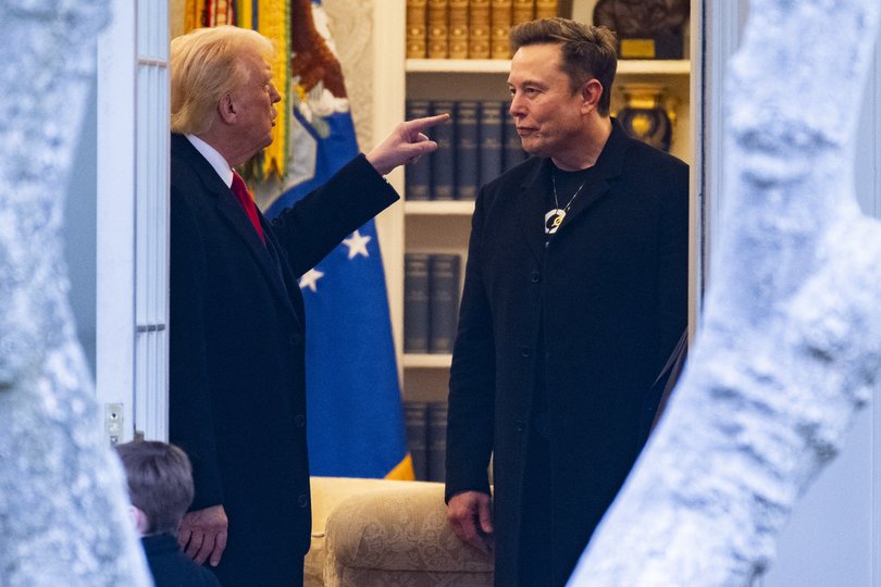 US President Donald Trump and Elon Musk speak before departing the White House on his way to his South Florida home in Mar-a-Lago in Florida on March 14, 2025.