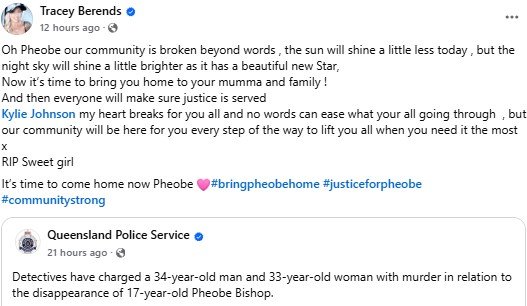 A friend of murdered Queensland teenager Pheobe Bishop has shared a heartfelt post to social media, after Pheobe’s mother announced a vigil for the 17-year-old despite her body not yet being found.