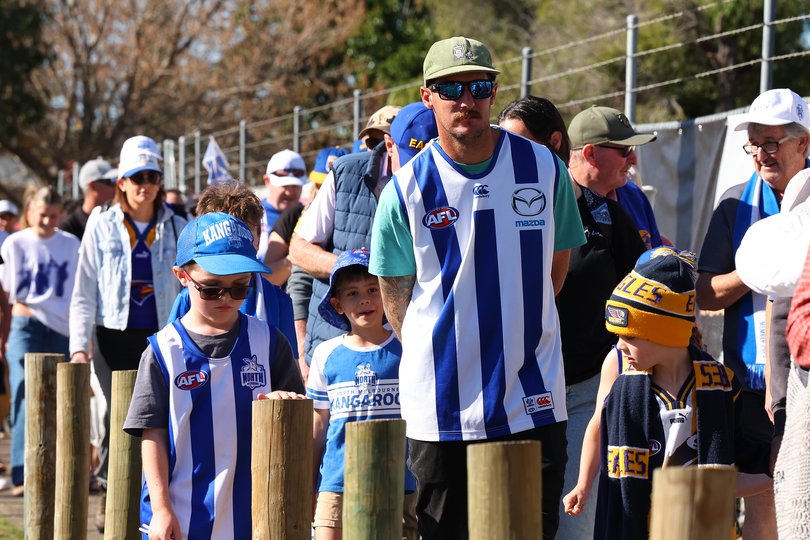 BUNBURY, AUSTRALIA - JUNE 08: Spectators arrive for the round 13 AFL match between North Melbourne Kangaroos and West Coast Eagles at Hands Oval, on June 08, 2025, in Bunbury, Australia. (Photo by Paul Kane/Getty Images via AFL Photos)