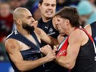 Sam Durham remonstrates with Adam Saad after his collision with Adam Cerra.