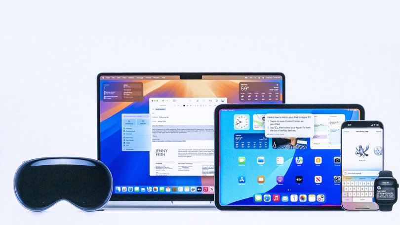 Apple products shown on screen at the Apple Worldwide Developers Conference (WWDC) at Apple Park campus in Cupertino, California, US, on Monday, June 9, 2025.