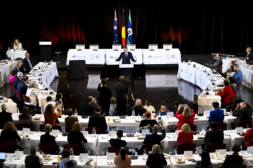 Australian Treasurer Jim Chalmers delivers closing remarks during the Jobs and Skills Summit at Parliament House in 2022. 