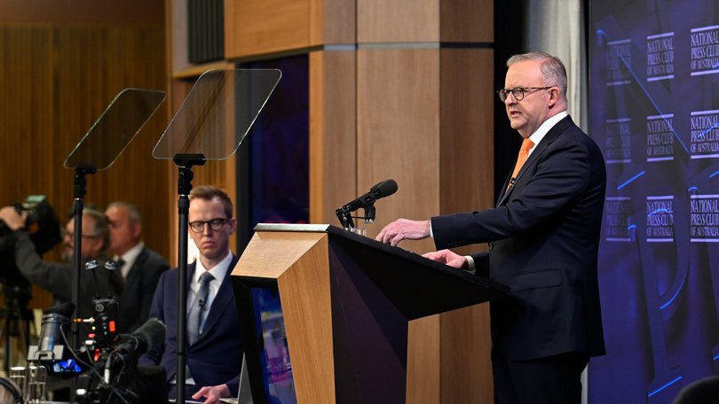 Prime Minister Anthony Albanese addresses the National Press Club of Australia in Canberra.