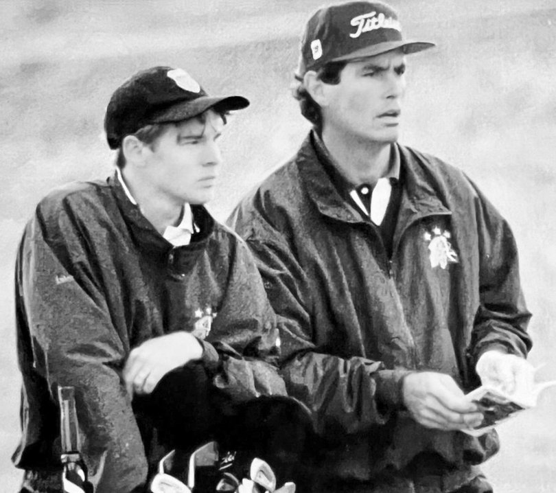 Todd Woodbridge caddies for Ian Baker-Finch at the 1997 Open.