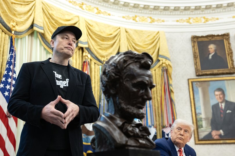 Elon Musk addresses reporters with President Donald Trump on May 30 in the Oval Office.