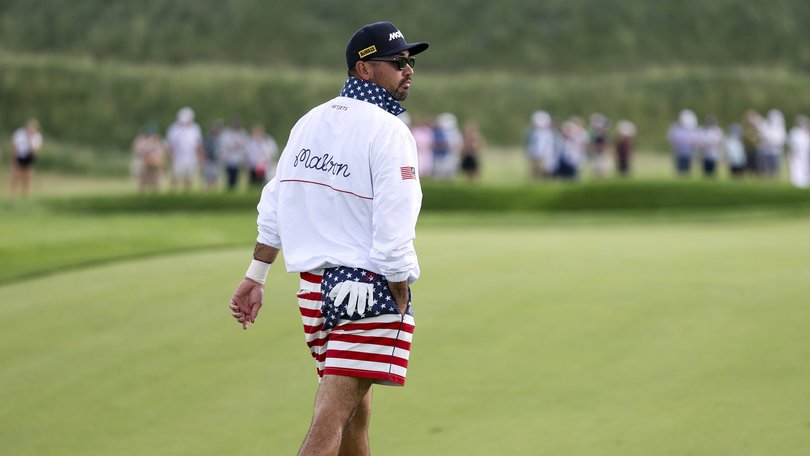 Jason Day in his USA flag shorts during a practice round overnight.