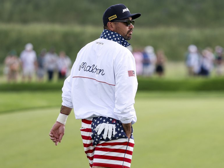 Jason Day in his USA flag shorts during a practice round overnight.