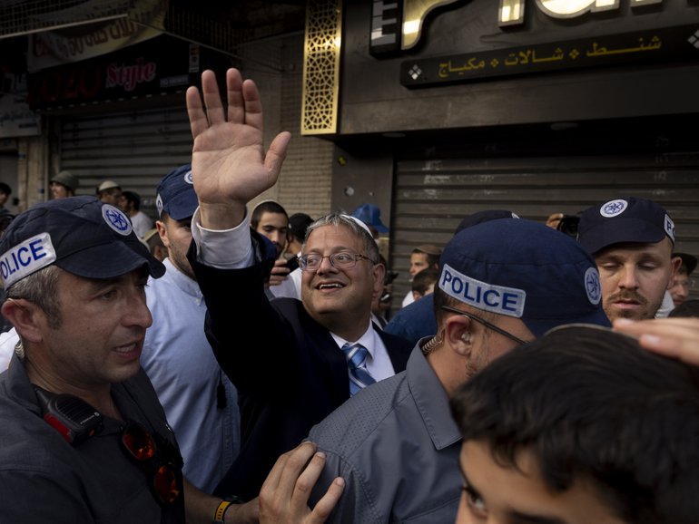  Israeli National Security Minister Itamar Ben Gvir greets supporters in the Jerusalem Day Flag March.