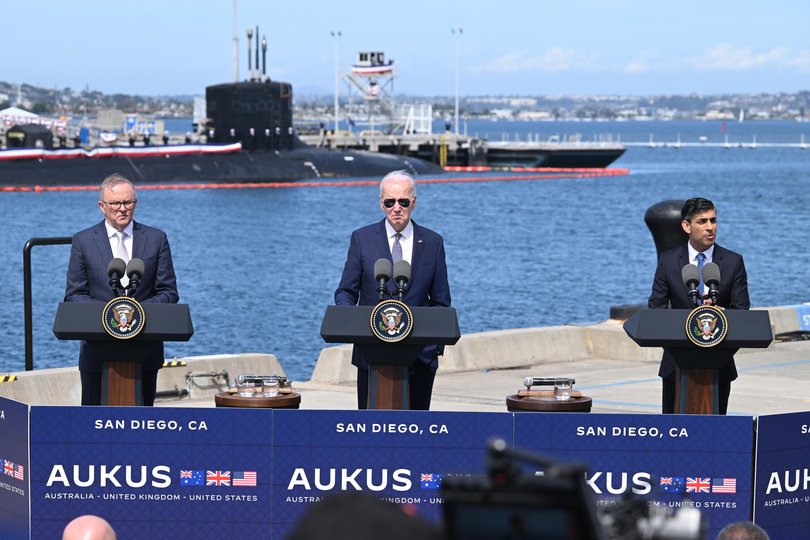 Australian Prime Minister Anthony Albanese (L), US President Joe Biden (C) and British Prime Minister Rishi Sunak (R) hold a press conference after a trilateral meeting during the AUKUS summit on March 13, 2023 in San Diego, California.