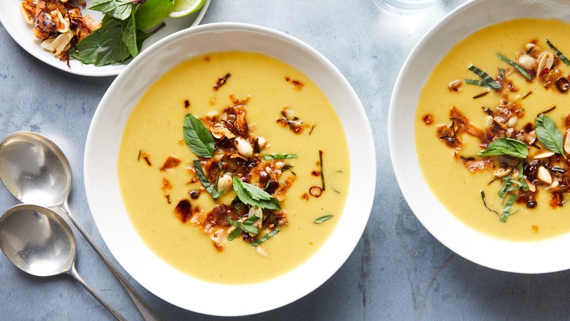 Butternut pumpkin and green curry soup. Food styled by Simon Andrews.