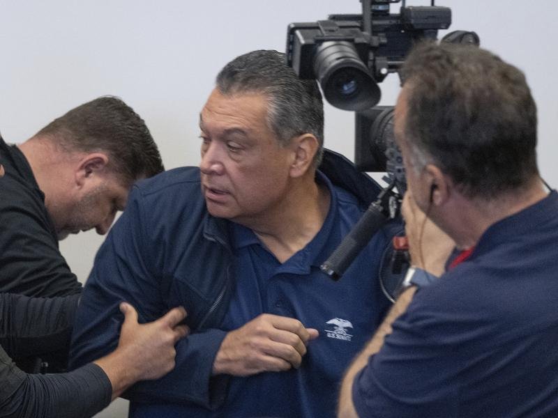 Senator Alex Padilla was forced out of Homeland Security Secretary Kristi Noem's media conference. (AP PHOTO)