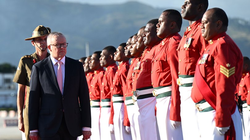 Australian Prime Minister Anthony Albanese inspects a guard of honor on arrival at Nadi International airport in Nadi, Fiji, Friday, June 13, 2025.