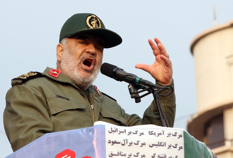 epaselect epa08024766 Iranian Revolutionary Guard Corps (IRGC) chief commander Hossein Salami delivers a speech during a rally to show support to the Islamic Republic system and to condemn recent violent protests following fuel price hike in the country, in Tehran, Iran, 25 November 2019. EPA/ABEDIN TAHERKENAREH