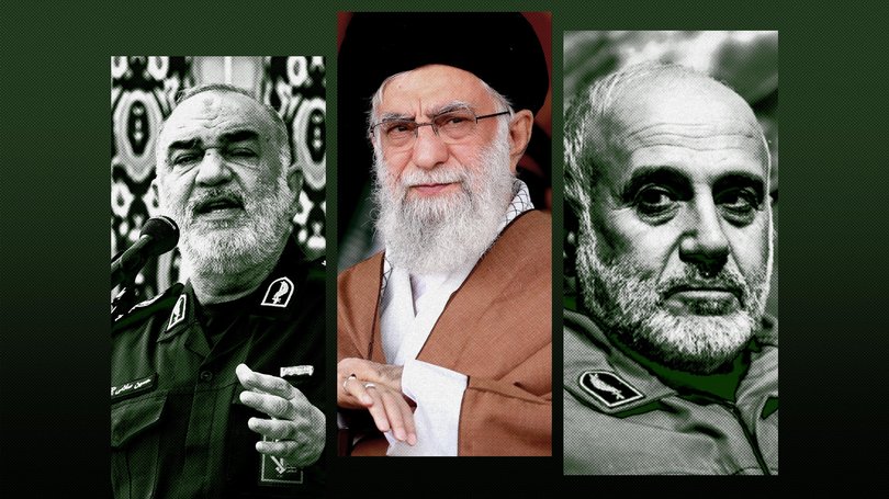 Hossein Salami, Ayatollah Ali Khamenei, and Gholam Ali Rashid. 