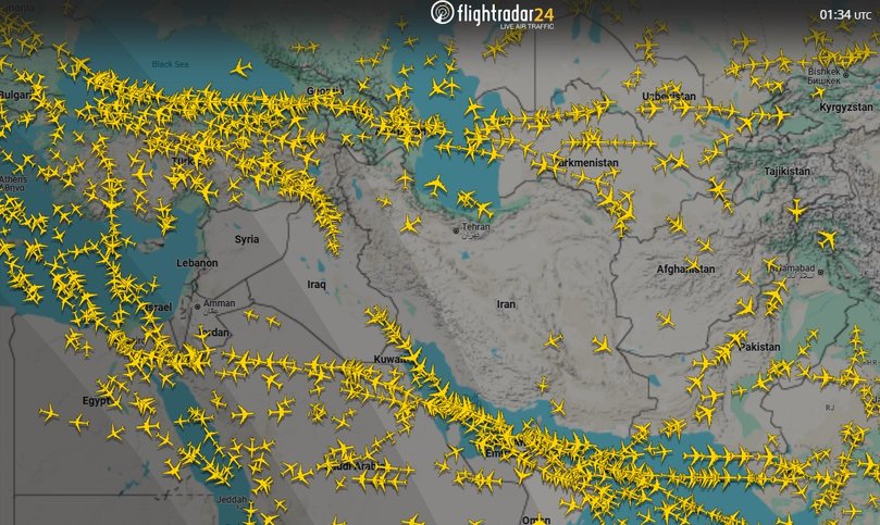 A screengrab from Flightradar24 shows airlines takling a wide berth around Iran.