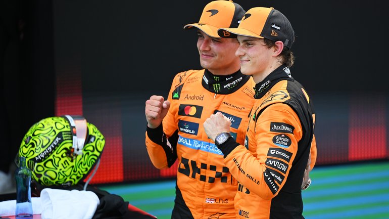 Oscar Piastri and Lando Norris after their one-two finish at the Spanish Grand Prix