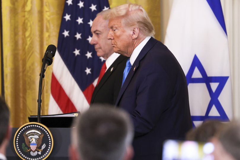President Donald J. Trump and Israeli Prime Minister Benjamin Netanyahu walk onstage for a joint news conference at the White House on February 4, 2025. 