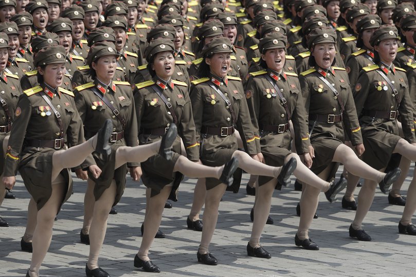 Women soldiers march across Kim Il Sung Square during a military parade in Pyongyang.