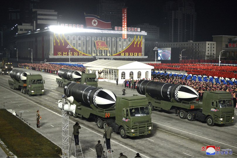 Missiles during a military parade marking the ruling party congress, at Kim Il Sung Square in Pyongyang in 2021.