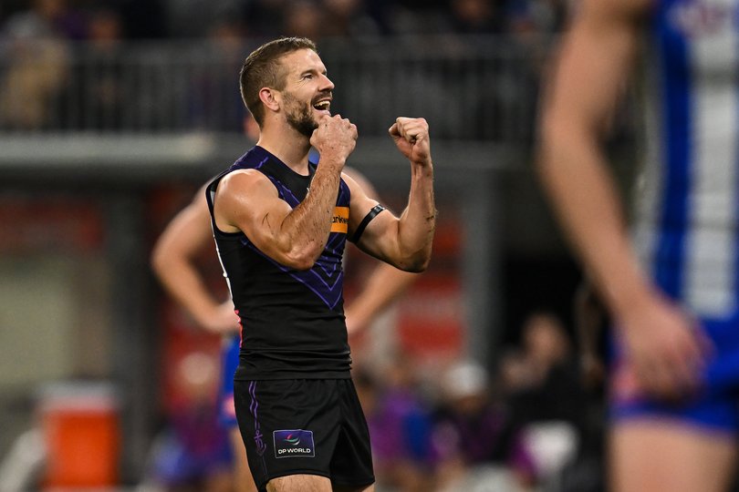 PERTH, AUSTRALIA - JUNE 14: Sam Switkowski of the Dockers celebrates a goalduring the 2025 AFL Round 14 match between the North Melbourne Kangaroos and the Fremantle Dockers at Optus Stadium on June 14, 2025 in Perth, Australia. (Photo by Daniel Carson/AFL Photos)