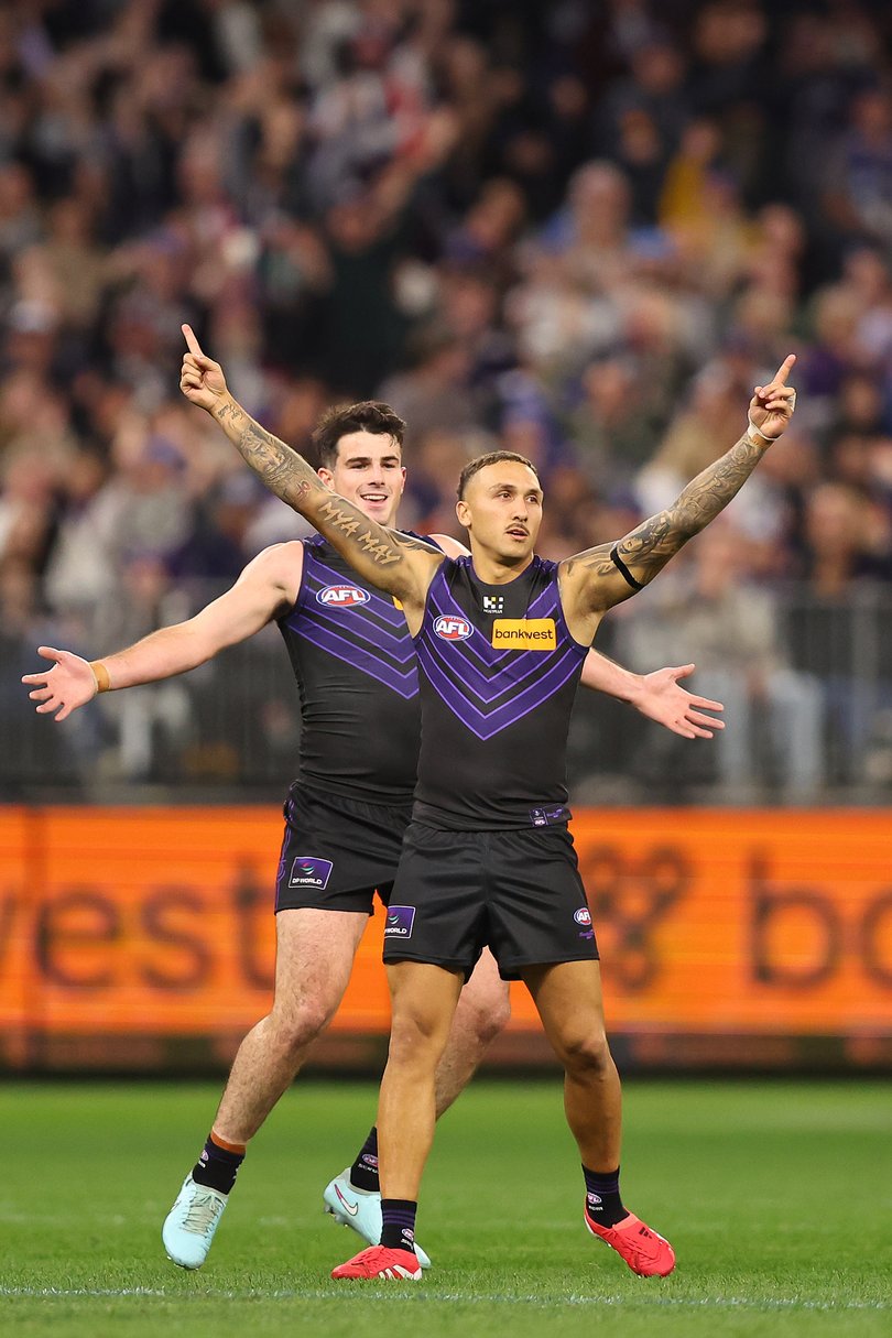 PERTH, AUSTRALIA - JUNE 14: Shai Bolton of the Dockers celebrates a goal during the round 14 AFL match between North Melbourne Kangaroos and Fremantle Dockers at Optus Stadium, on June 14, 2025, in Perth, Australia. (Photo by Paul Kane/Getty Images via AFL Photos)