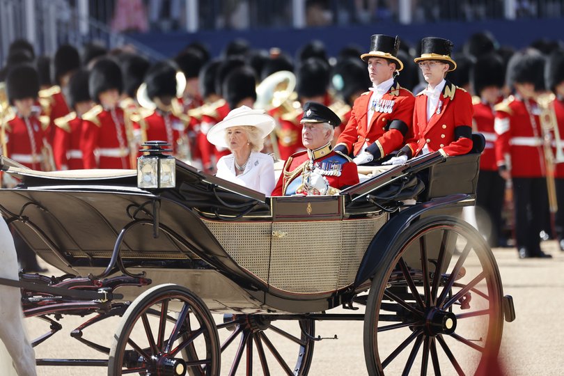 Queen Camilla and King Charles III arrive at Horse Guards Parade during Trooping The Colour.