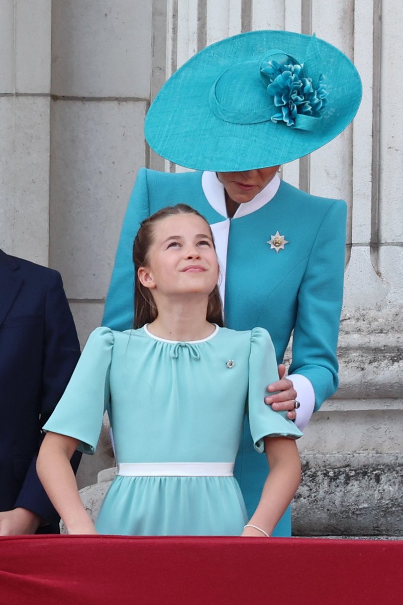 LONDON, ENGLAND - JUNE 14: Catherine, Princess of Wales and Princess Charlotte of Wales on the balcony at Buckingham Palace during Trooping The Colour 2025 on June 14, 2025 in London, England. Trooping The Colour is a ceremonial parade celebrating the official birthday of the British Monarch. The event features over 1,400 soldiers and officers, accompanied by 200 horses. More than 400 musicians from ten different bands and Corps of Drums march while performing. (Photo by Chris Jackson/Getty Images)
