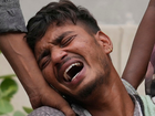 Left: Air India plane crash wreckage in Ahmedabad. Right: Kalpesh Bhai, whose 14-year-old brother was killed in the disaster, wails outside the autopsy room of a hospital.