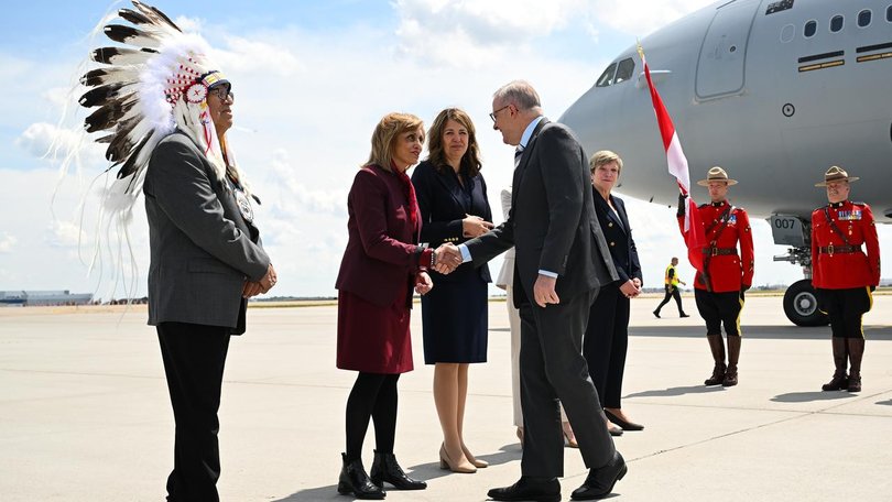 Prime Minister Anthony Albanese arrived in Calgary this moning ahead of the G7 summit. (Lukas Coch/AAP PHOTOS)