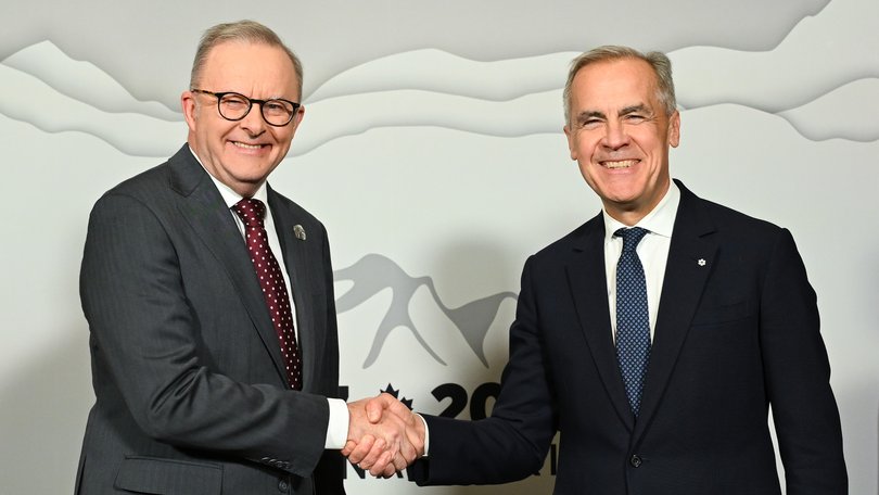 Australian Prime Minister Anthony Albanese shakes hands with Prime Minister of Canada Mark Carney during a bilateral meeting.