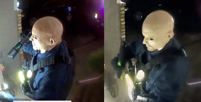 CCTV showed the gunman wearing a creepy Halloween-style mask before launching into a ‘politically motivated assassination.’