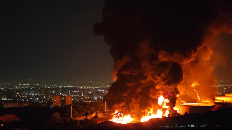 Fire and smoke rise into the sky after an Israeli attack on the Shahran oil depot on June 15, 2025 in Tehran, Iran. 