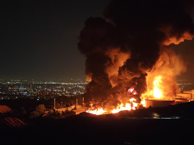 Fire and smoke rise into the sky after an Israeli attack on the Shahran oil depot on June 15, 2025 in Tehran, Iran.
