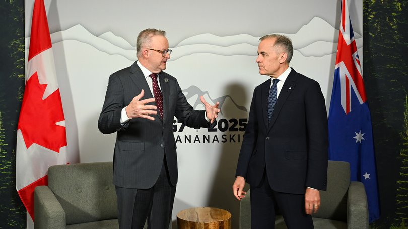 Australian Prime Minister Anthony Albanese speaks with Prime Minister of Canada Mark Carney during a bilateral meeting ahead of the G7 Leaders' Summit in Kananaskis, Alberta.