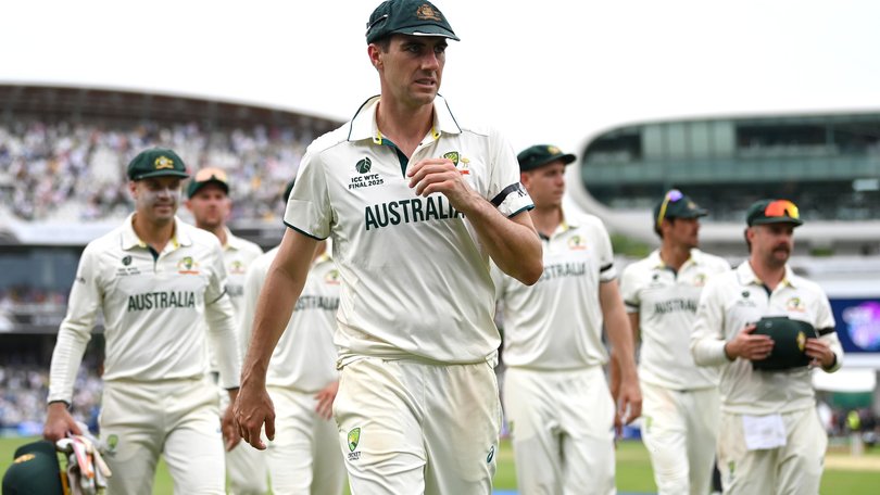 LONDON, ENGLAND - JUNE 13: Australia captain Pat Cummins leads his team from the fields at stumps on day three of ICC World Test Championship Final between South Africa and Australia at Lord's Cricket Ground on June 13, 2025 in London, England. (Photo by Gareth Copley/Getty Images)