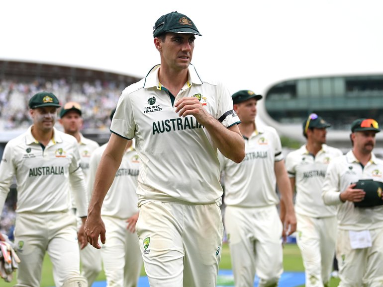 LONDON, ENGLAND - JUNE 13: Australia captain Pat Cummins leads his team from the fields at stumps on day three of ICC World Test Championship Final between South Africa and Australia at Lord's Cricket Ground on June 13, 2025 in London, England.  (Photo by Gareth Copley/Getty Images)