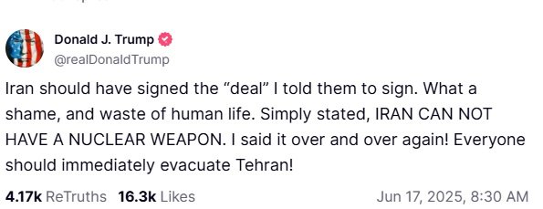 US President Donald Trump has issued a grim warning to people in Iran.